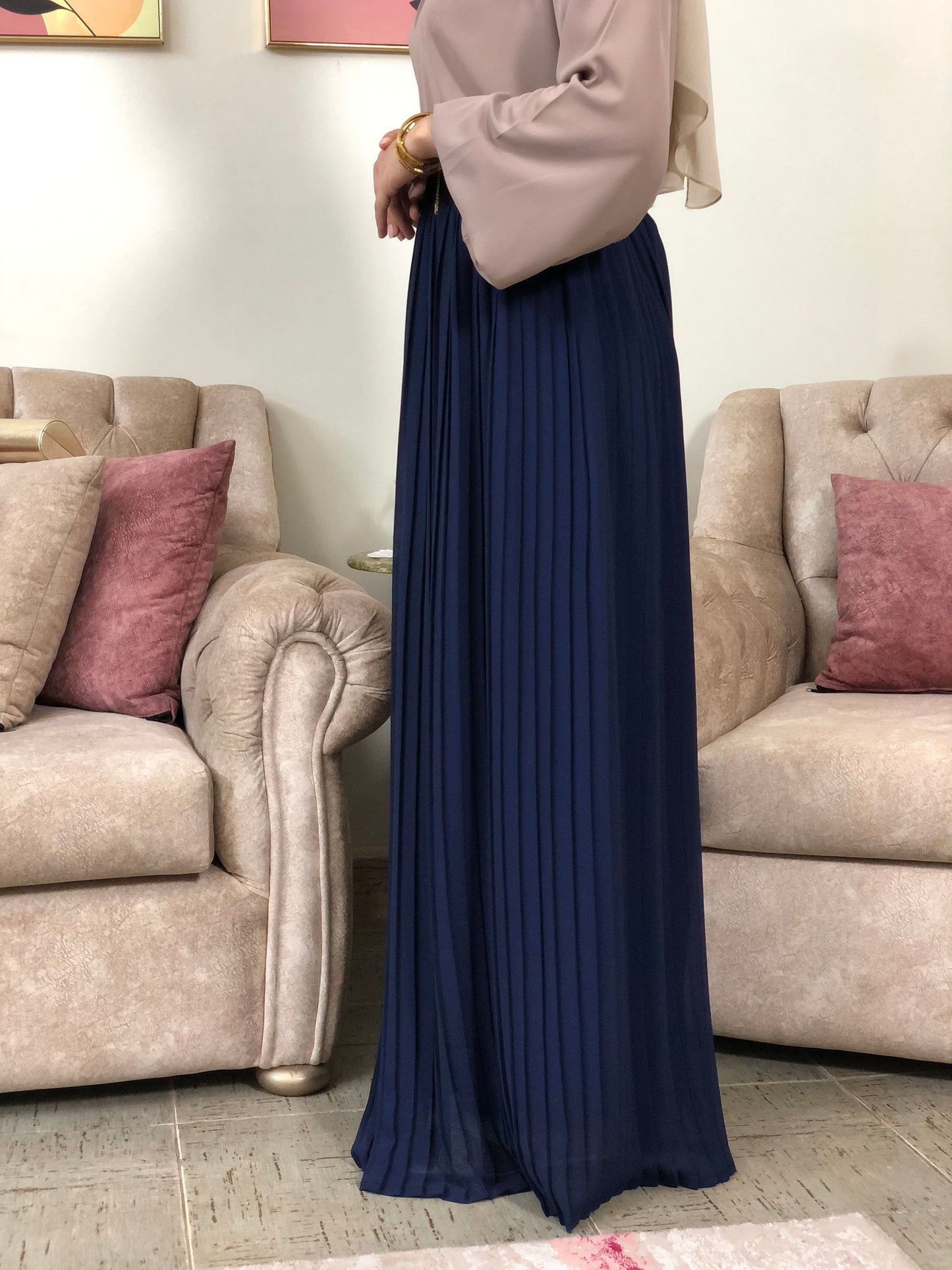 Plain Chiffon Pleated Skirt - Navy