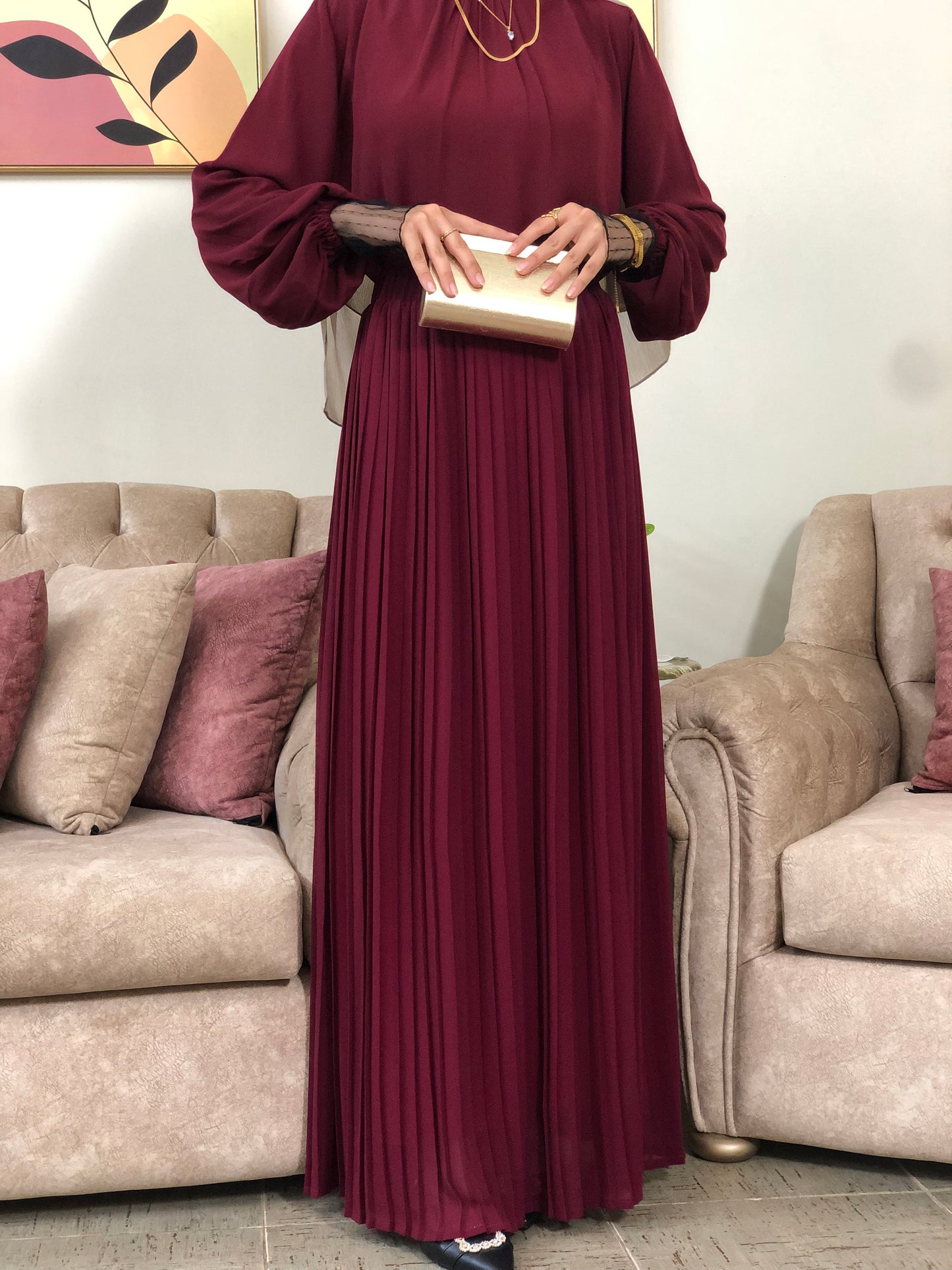 Plain Chiffon Pleated Skirt - Burgundy