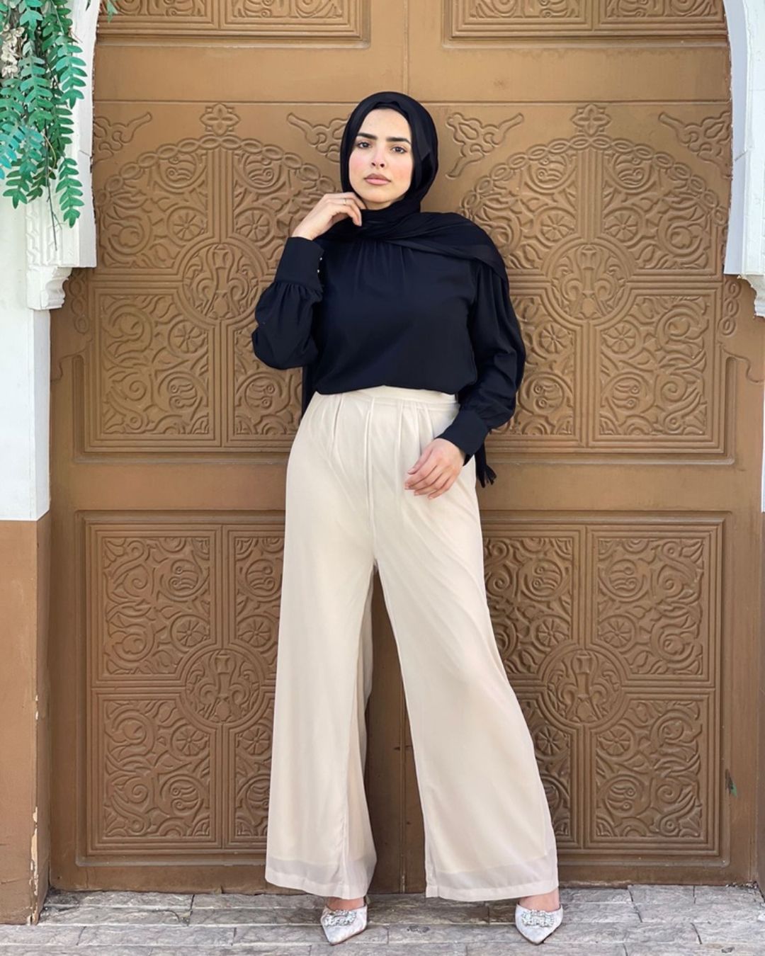 Maria Chiffon wide Leg Pants - Beige