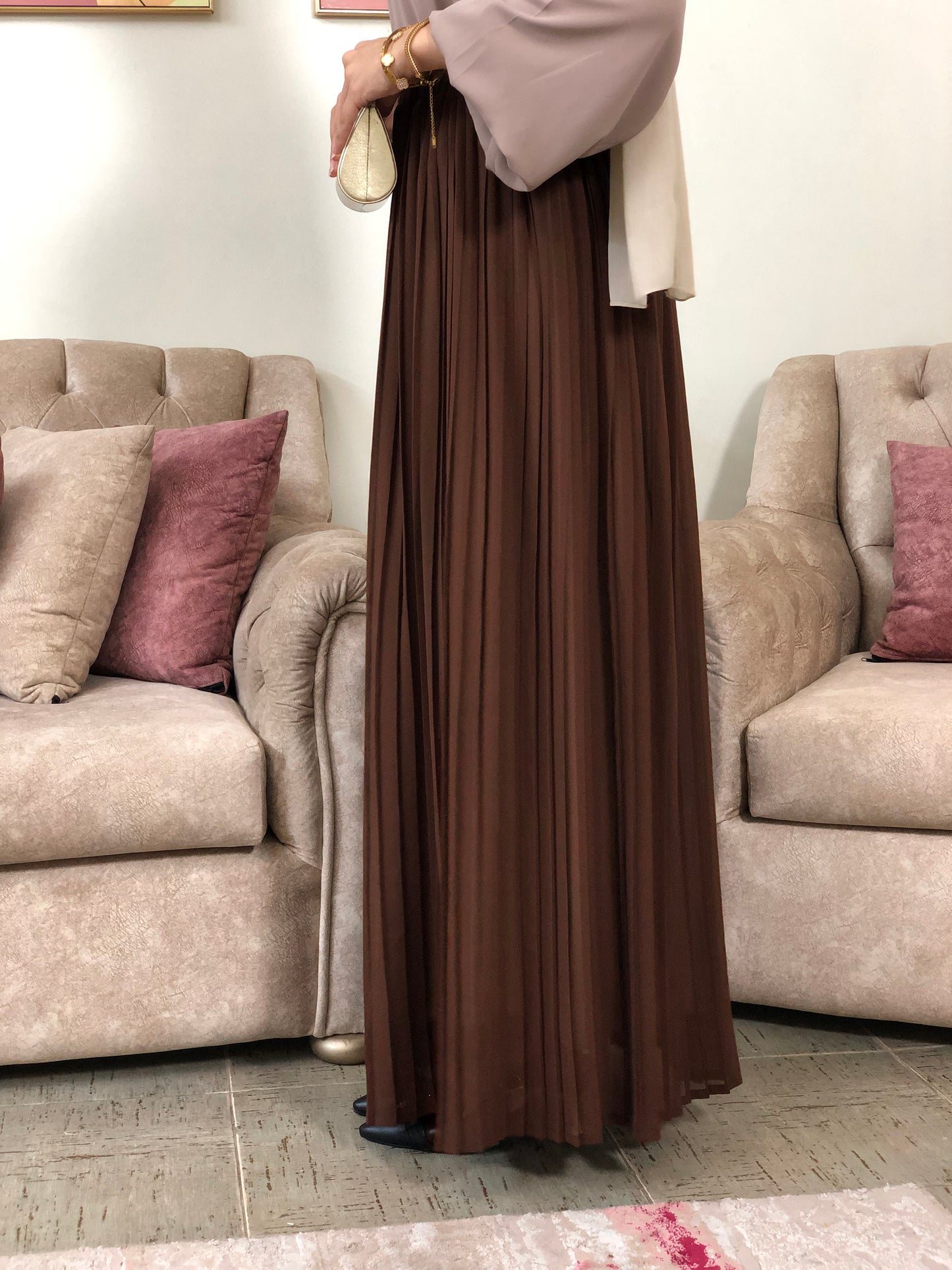 Plain Chiffon Pleated Skirt -Brown