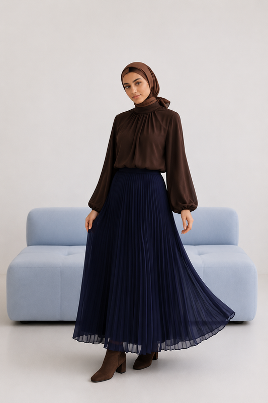 Plain Chiffon Pleated Skirt - Navy