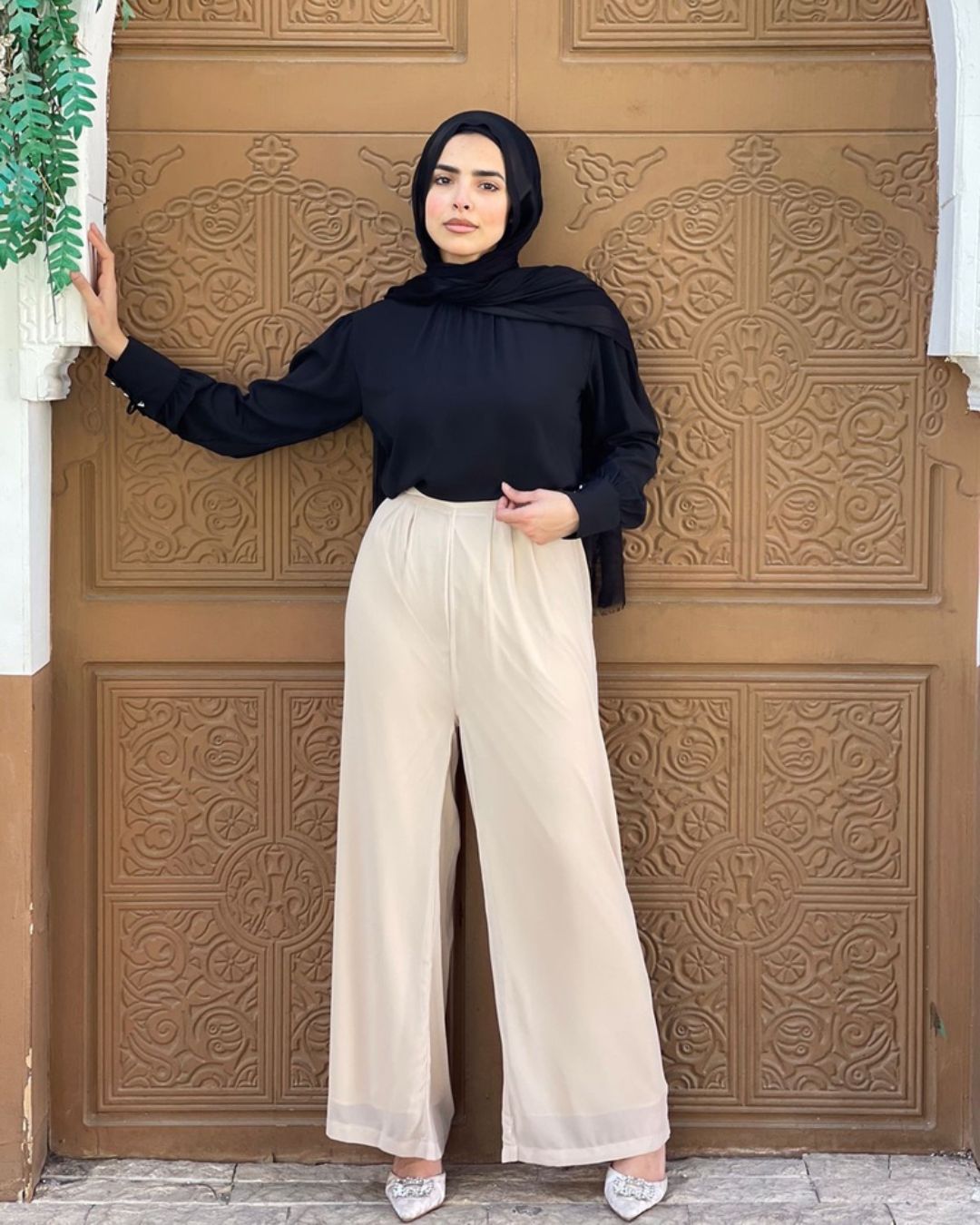 Maria Chiffon wide Leg Pants - Beige