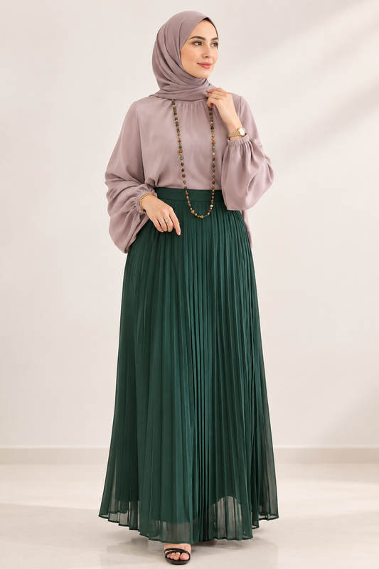 plain chiffon pleated skirt - Olive Green
