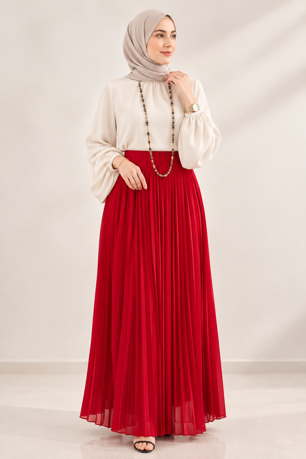 Plain Chiffon Pleated Skirt - Red