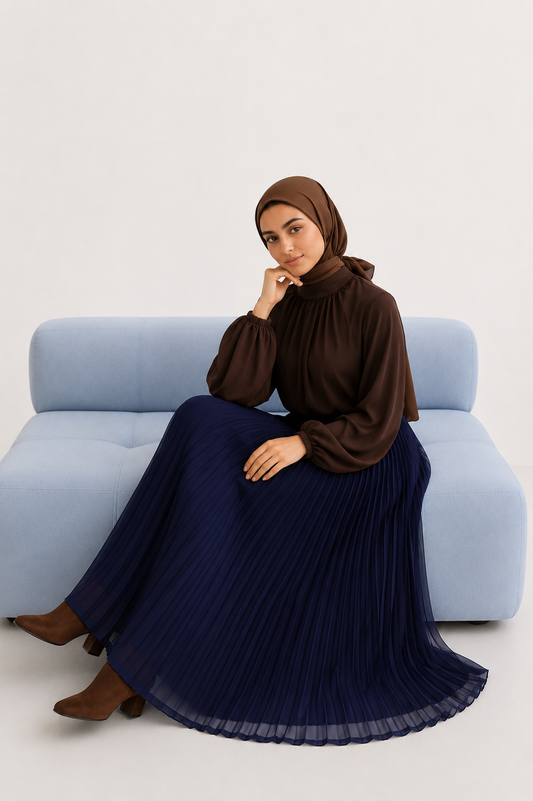 Plain Chiffon Pleated Skirt - Navy