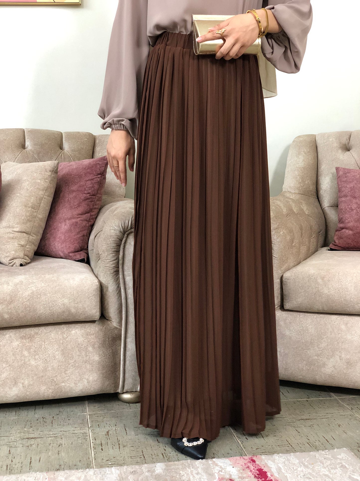 Plain Chiffon Pleated Skirt -Brown