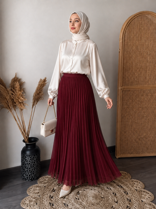 Plain Chiffon Pleated Skirt - Maroon