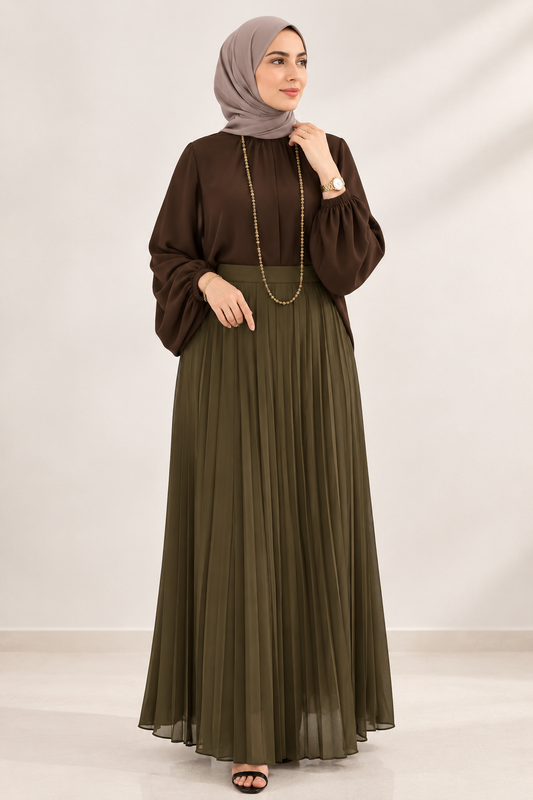 Plain Chiffon Pleated Skirt - Army